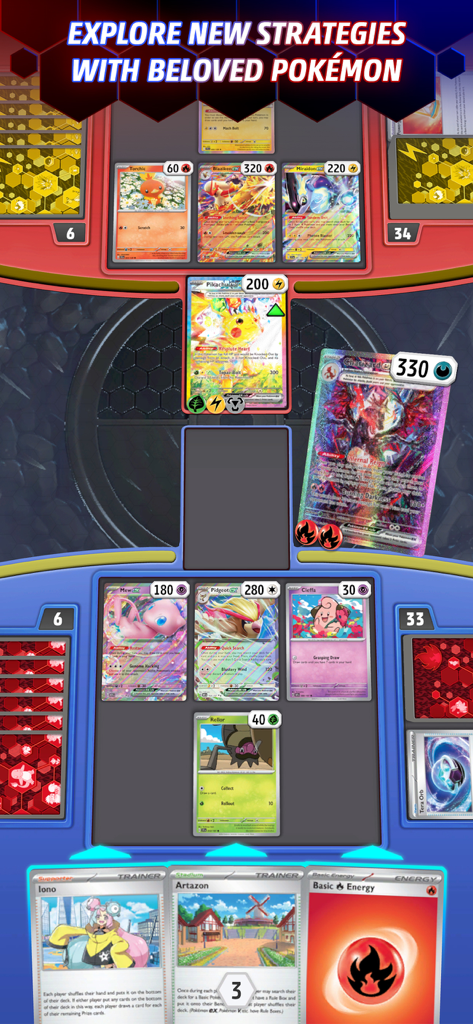 Una batalla digital en Pokémon TCG Live con cartas de Pikachu ex y Charizard ex