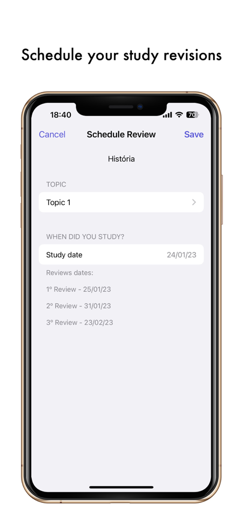 Interfaccia per la pianificazione delle date di revisione dello studio e il monitoraggio dei progressi nell'app Easy Study.