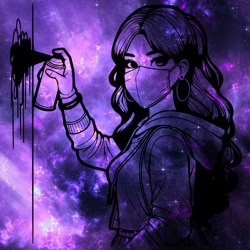 realistic girl with mask spray painting a wall