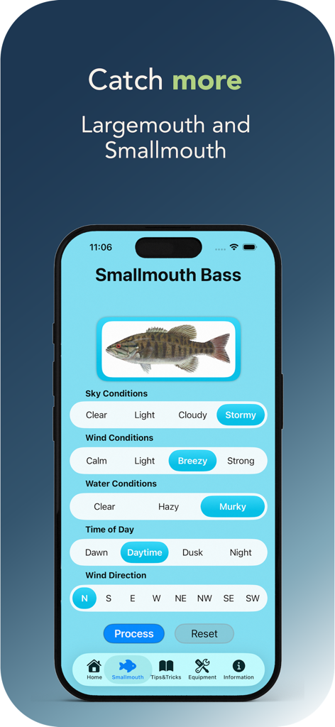 Bassmaster App - Interface of the Bassmaster App showing condition selection for smallmouth bass fishing.