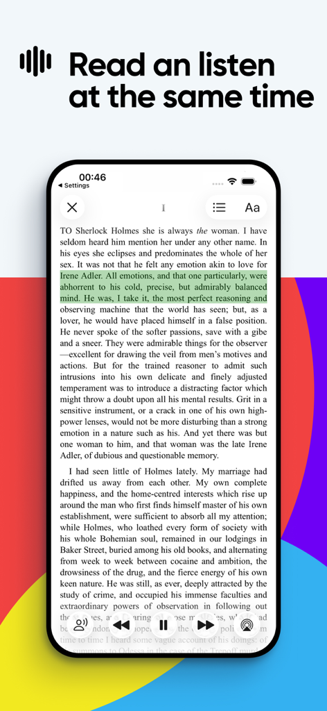 Voice Aloud Reader - Voice Aloud Reader app interface showing a book with highlighted text and audio playback controls