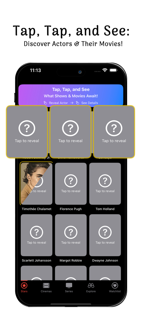 YouCinE Flix, Shows & Stars - Écran de découverte des stars de l'application YouCinE Flix présentant des cartes interactives de révélation d'acteurs.
