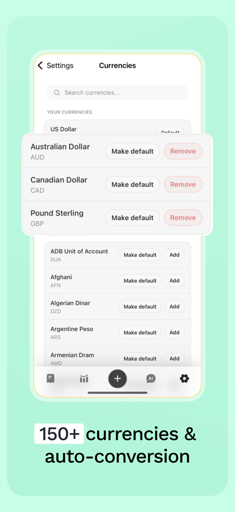 Spending Tracker: Sumi - Sumi app settings screen showing currency management and auto conversion options for international spending