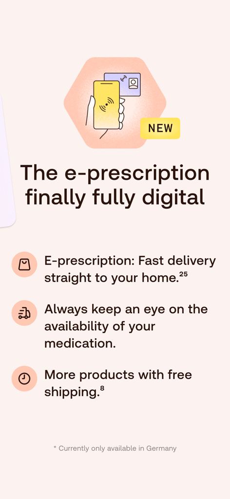 Promotional screen of Shop Apotheke Redcare app highlighting digital e-prescription features and fast delivery