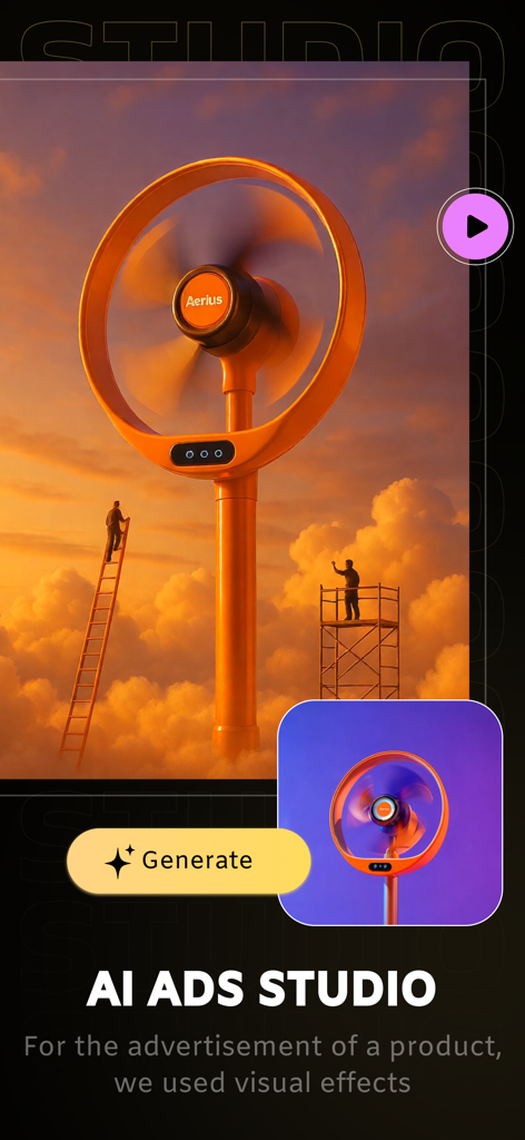AI CGI Ads Studio: Video Ads - AI CGI Ads Studio interface creating a cinematic 3D advertisement for a product