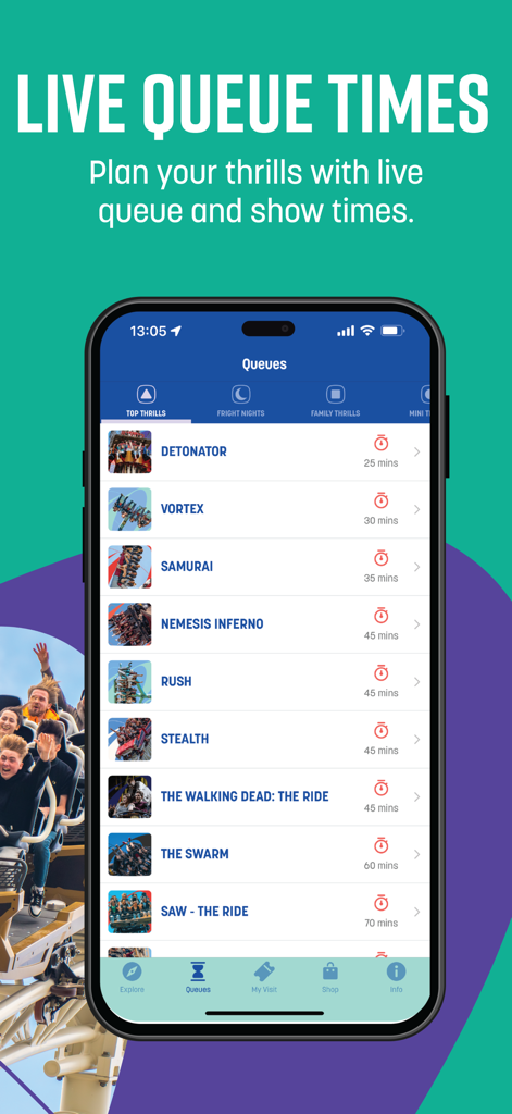 THORPE PARK – Official - Thorpe Park mobile app interface displaying live wait times for various roller coasters and thrill rides.