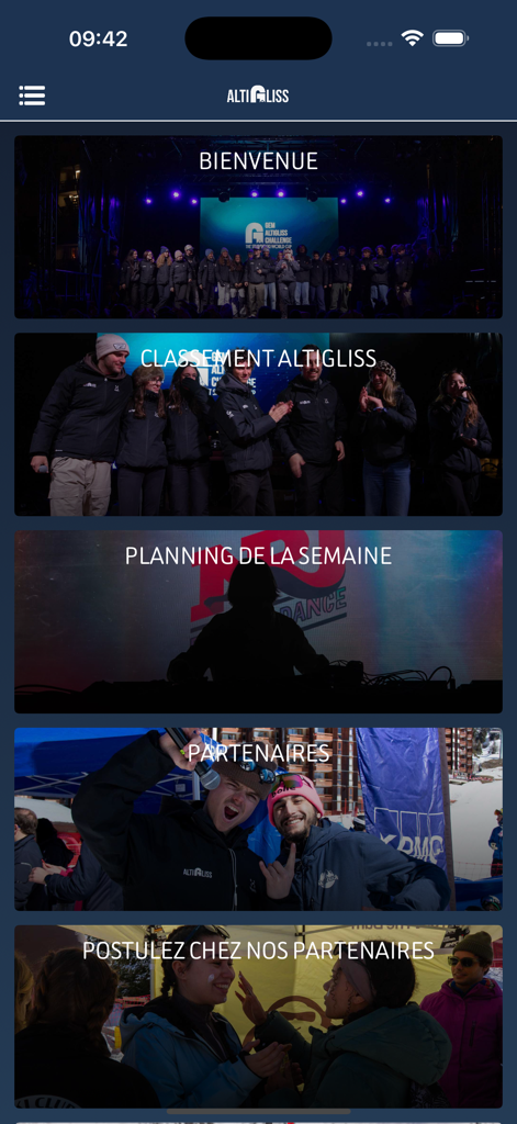 GEM Altigliss Challenge - GEM Altigliss Challenge app main menu showing event rankings schedule and partner information