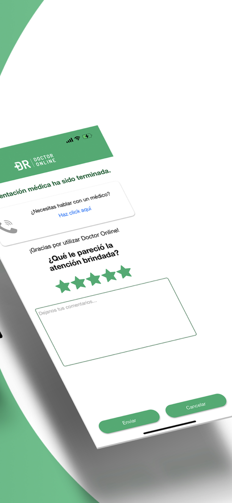 Doctor Online - Tela de avaliação e feedback em espanhol para o aplicativo de telemedicina Doctor Online.