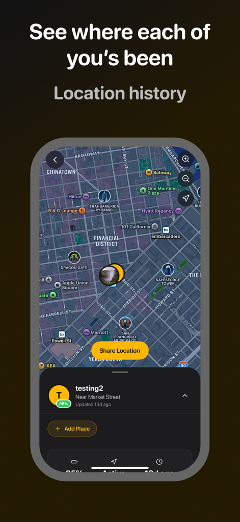 Una pantalla de mapa en la aplicación Promise que muestra el historial de ubicación y el seguimiento en tiempo real para que las parejas aseguren la transparencia.