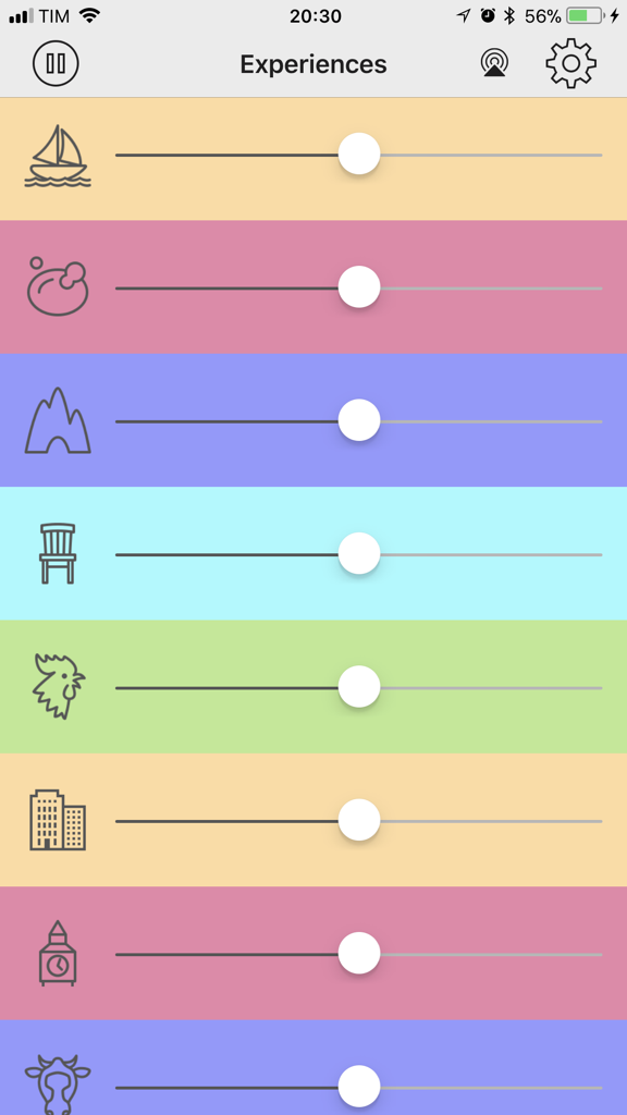Noisly app interface showing various ambient sound categories with volume control sliders.