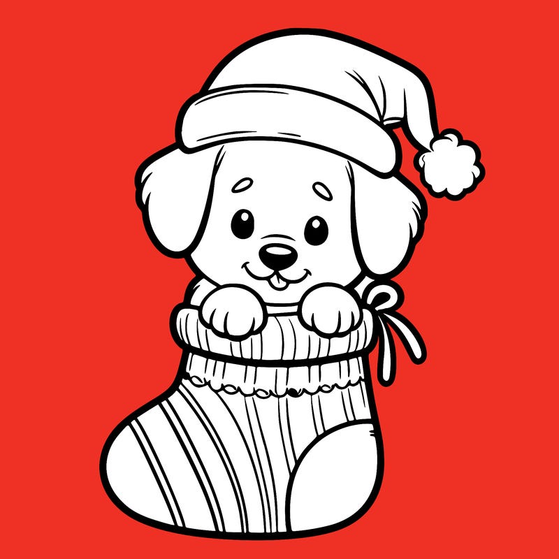 cute puppy wearing santa hat in socking
