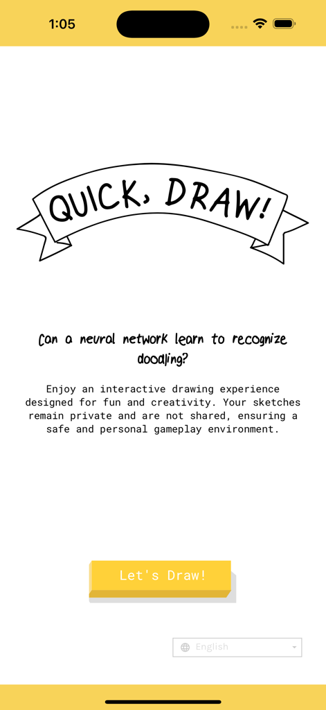 Quick Draw AI Sketch Game landing screen with start button