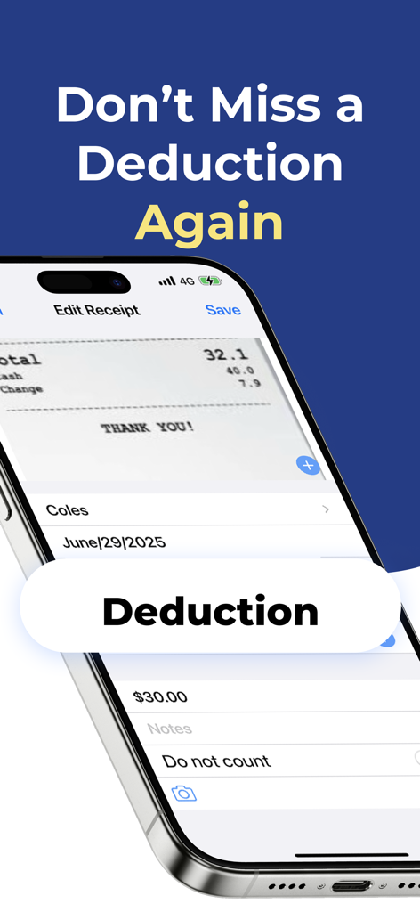 Receipt Tracker - Tax Return - Receipt Tracker app interface showing a scanned receipt and tax deduction management features