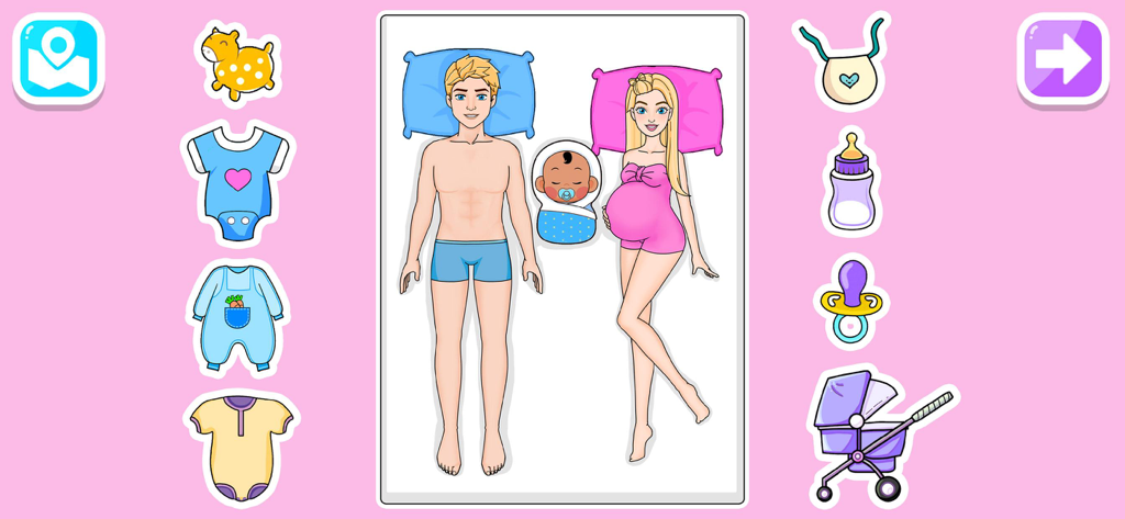Uma interface de jogo de boneca de papel digital apresentando um homem, uma mulher grávida e um bebê com vários adesivos de berçário e roupas.