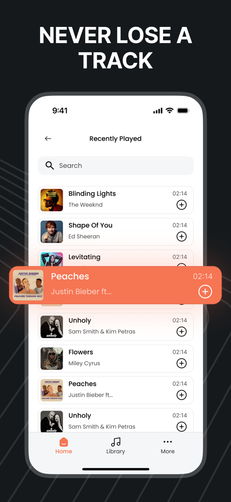 PlayTube : Music , Videos - Bildschirm "Kürzlich gespielt" der PlayTube Musik-Player-App, der eine Liste beliebter Songs mit einer sauberen Oberfläche anzeigt
