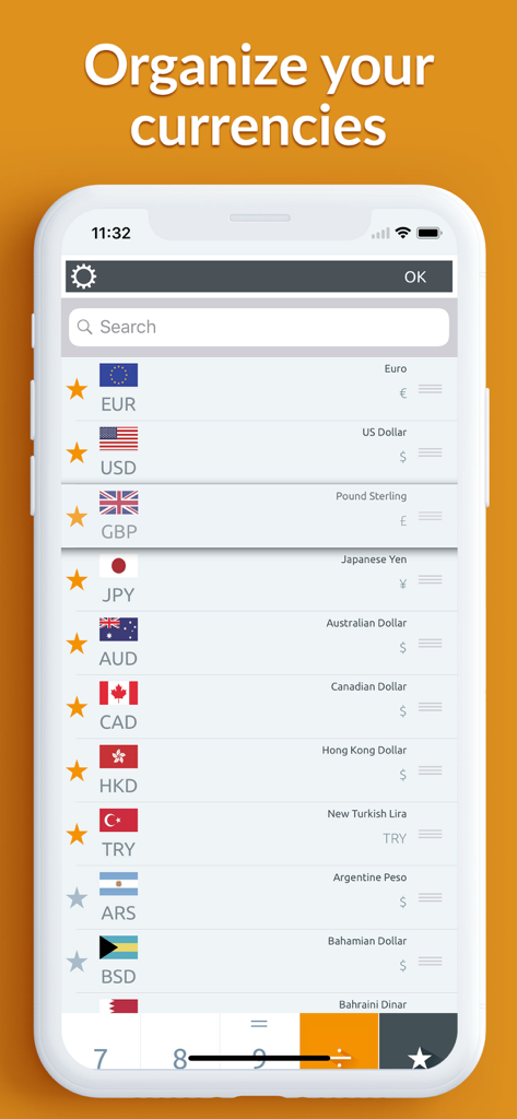 Money converter - Currency - Mobile app screen showing a list of global currencies with flags for organization and selection