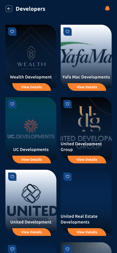Dar | دار - Una lista de perfiles de desarrolladores inmobiliarios en la aplicación Dar que muestra logotipos de empresas y botones de ver detalles.