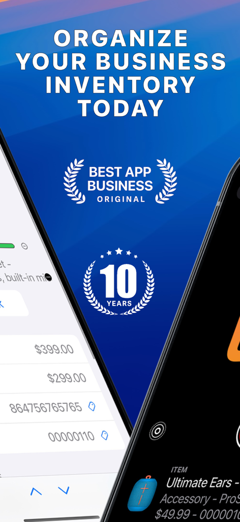 Inventory for Business - Promotional banner for Inventory for Business app featuring a 10 year anniversary badge and a Best Business App award