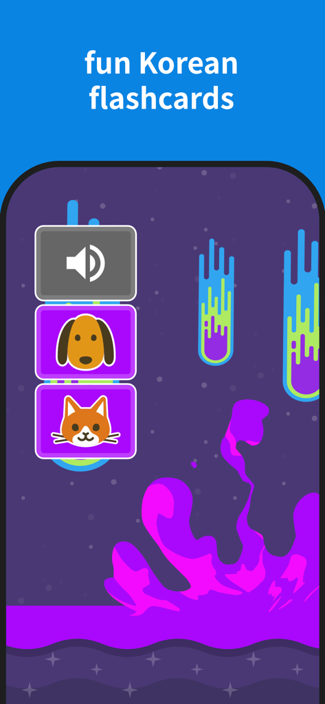 Korean Games: Infinite - Interactive Korean language flashcards featuring cat and dog icons within a space-themed mobile game interface.