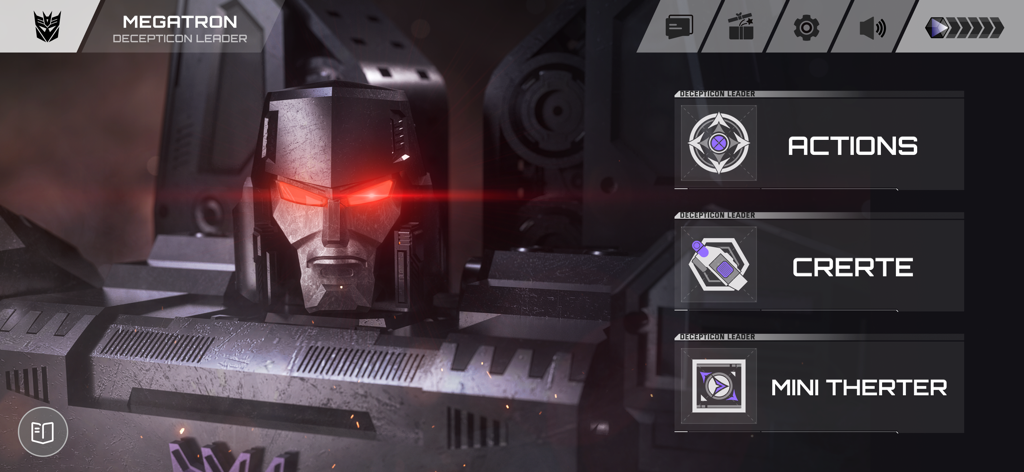 Interfaz principal de la aplicación Robosen Megatron G1 que muestra opciones de menú para la creación de acciones y el mini teatro