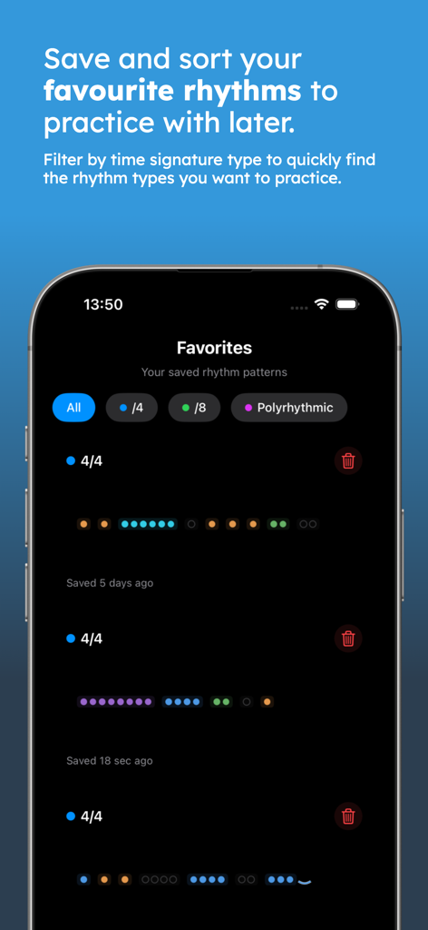 Metric Flow - Pantalla de favoritos de la aplicación Metric Flow mostrando patrones de ritmo guardados con notación de puntos visual y filtros de compás