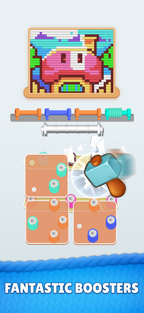 Yarnzle Stitch - A screenshot of Yarnzle Stitch mobile game showcasing the hammer booster feature used to clear obstacles in a colorful yarn sorting puzzle