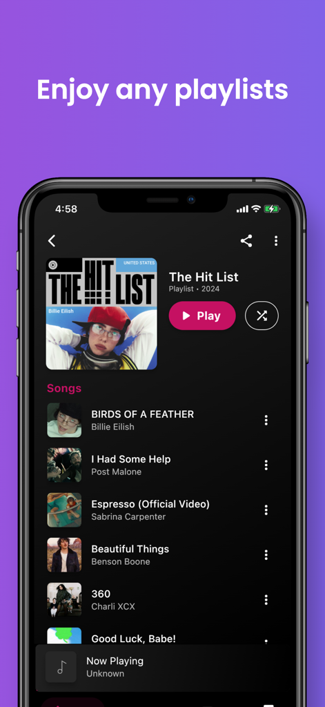 Youtify - Music & Playlists - Youtify music app showing a playlist with trending songs in dark mode
