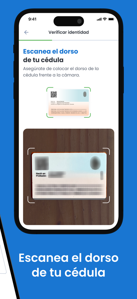 BICE ID - Tela do aplicativo BICE ID mostrando o processo de digitalização do verso de um documento de identidade para verificação
