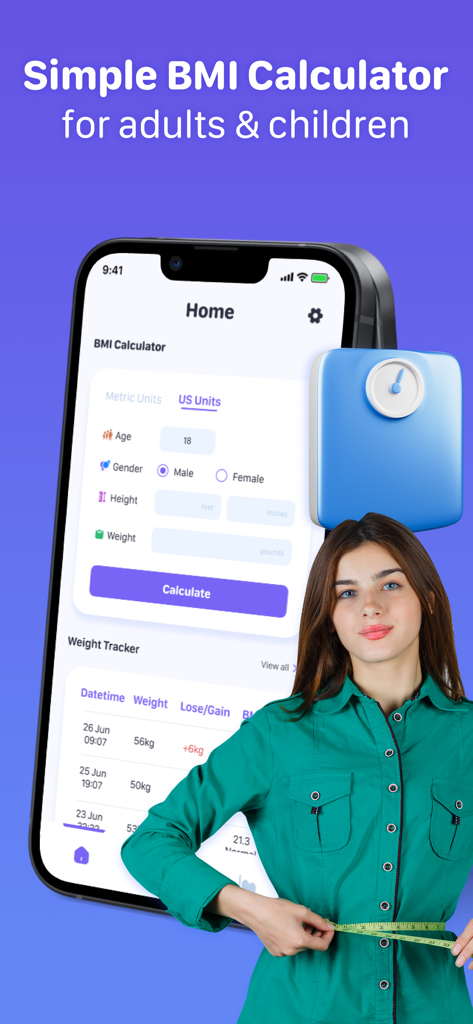 BMI Calculator - HealthTracker - Home screen of the BMI Calculator app showing weight tracking tools and a BMI calculation form