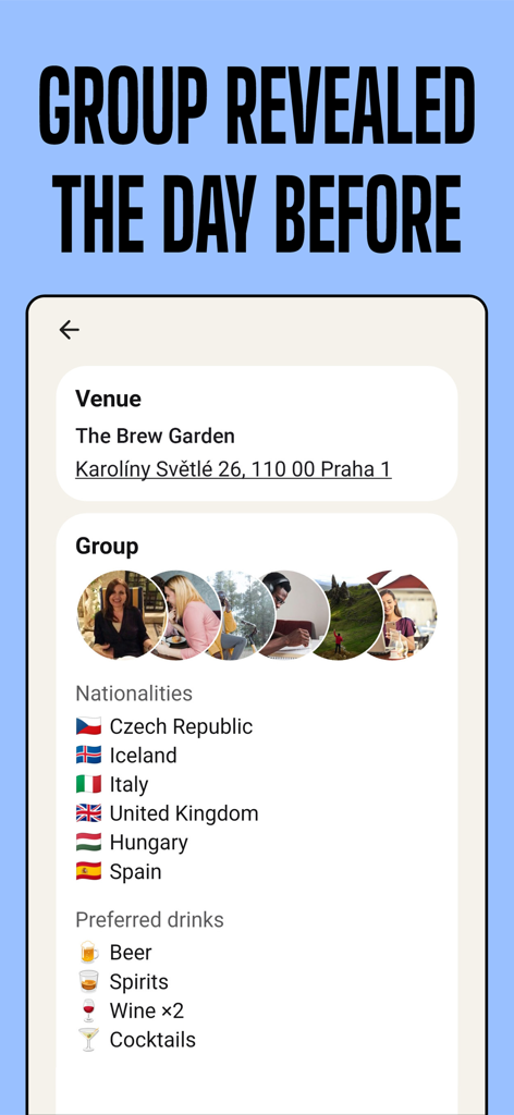 Let's Hang: Social Meetups - Interfaz de la app Lets Hang mostrando una pantalla de revelación de grupo con la dirección del local, nacionalidades de los miembros y bebidas preferidas.