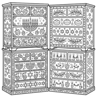 Discover a unique Hanukkah coloring experience with this detailed design featuring decorative chests of drawers. Each drawer is a canvas of festive Jewish symbols, perfect for celebrating the Festival of Lights.