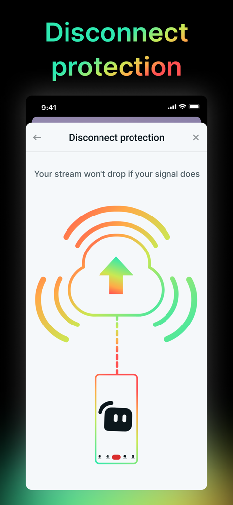 Streamlabs: Live Streaming App - A screenshot of the Streamlabs mobile app showing the disconnect protection feature with a cloud and signal icon.