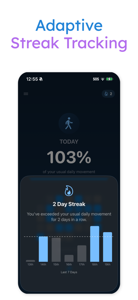 Step Counter Move App: Step AI - Interface of the Step AI app showing adaptive streak tracking and a daily movement progress chart.