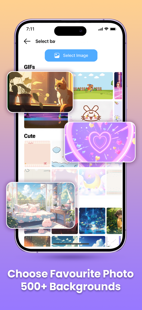 Mobile app screen showing a collection of cute and aesthetic keyboard backgrounds like cats and neon hearts.