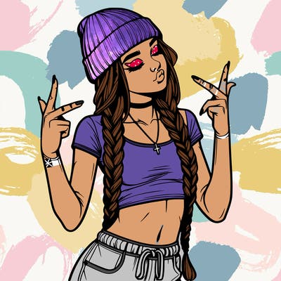 realistic teenage girl with braids and a beanie and crop top doing 🫶🏼