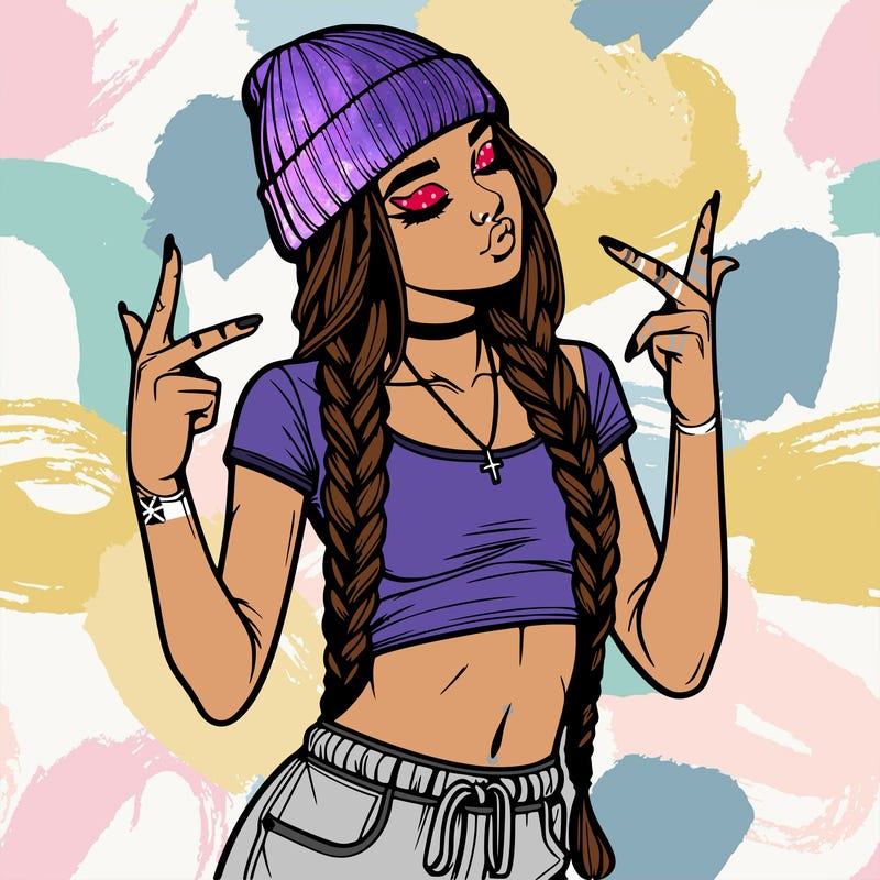 realistic teenage girl with braids and a beanie and crop top doing 🫶🏼