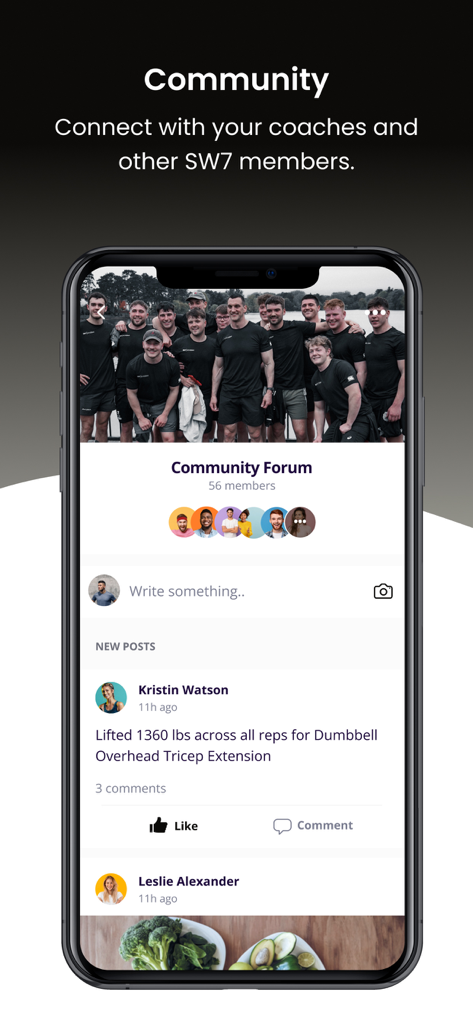 SW7 Academy - SW7 Academy app community forum screen showing member posts and interaction