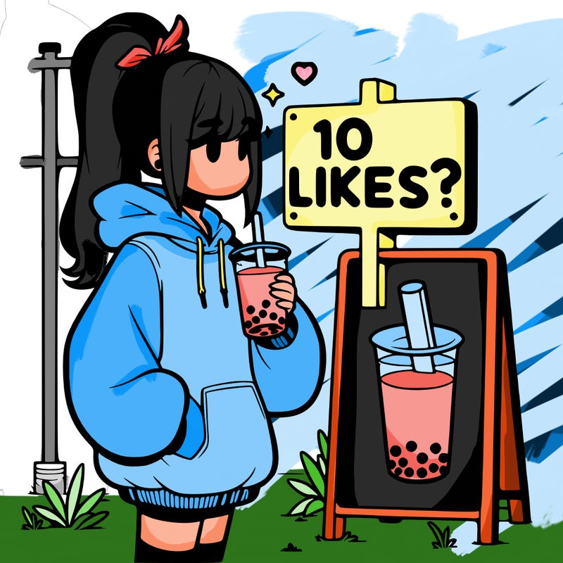girl with oversized hoodie drinking boba and she has a high ponytail with a sign that says 10likes?