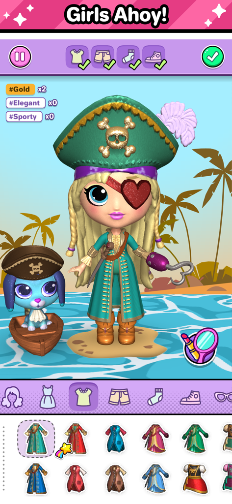Go! Dolliz: Doll Dress Up Game - Una muñeca virtual 3D y su mascota vestidas con disfraces de pirata en una playa tropical en Go Dolliz