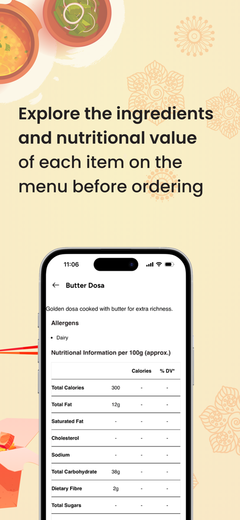 SmartQ - Food Ordering App - SmartQ app interface displaying nutritional facts and allergens for a menu item