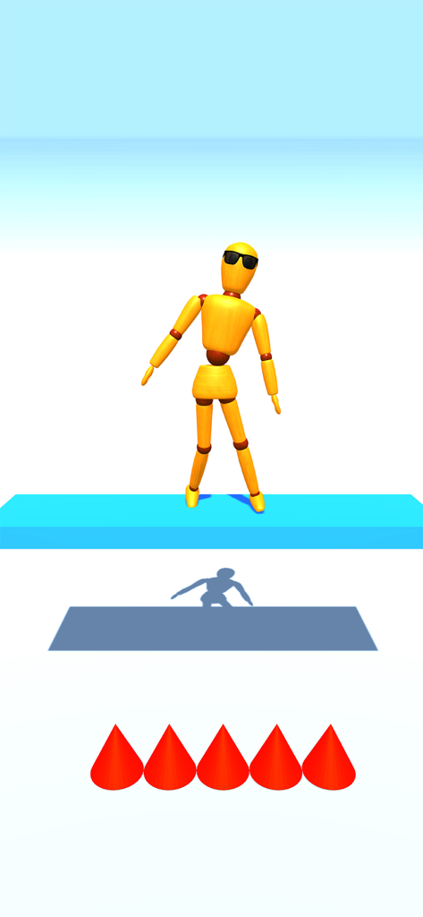 Un maniquí ragdoll de madera con gafas de sol de pie en una plataforma sobre afiladas púas rojas.