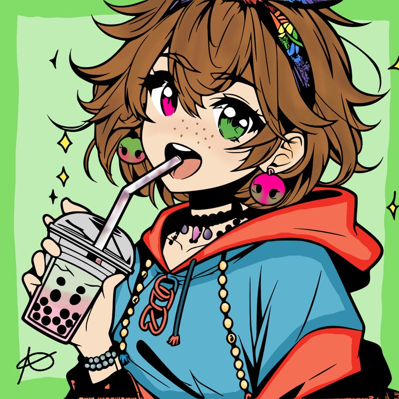 hot baddie anime girl drinking boba and biting the straw