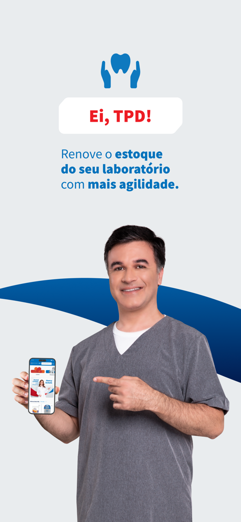 A dental professional holding a smartphone displaying the Dental Cremer app for lab stock management