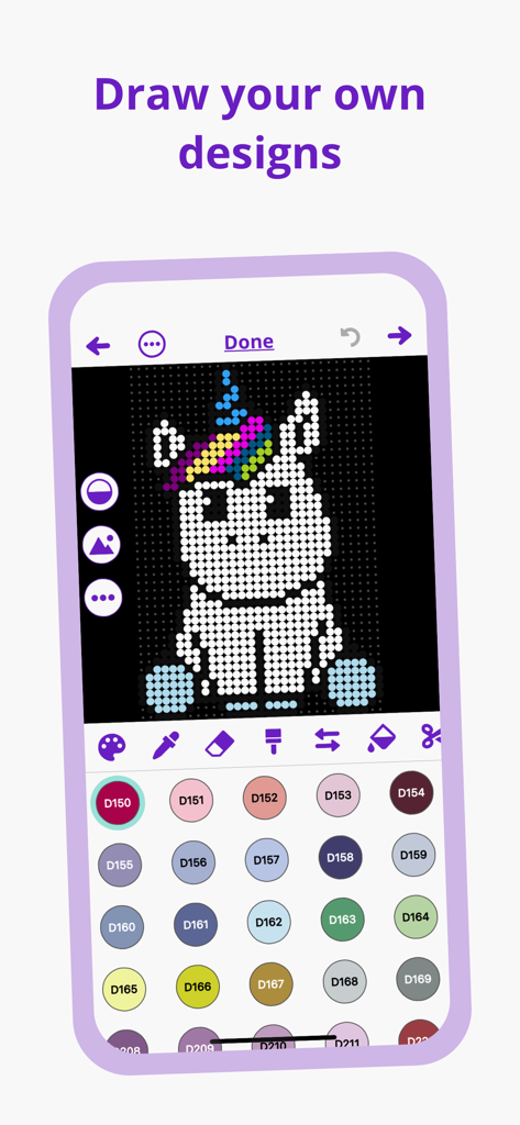 Dotterly: Diamond painting - Interface of the Dotterly app showing a unicorn diamond painting being designed with a custom color palette.