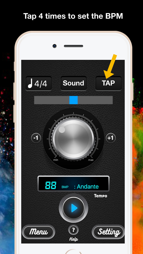 Metronome app interface showing how to tap to set the BPM tempo.