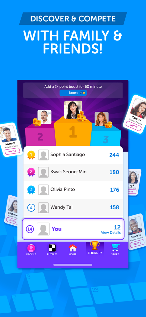 A leaderboard screen in the Crosswords With Friends app showing rankings and social competition with family and friends