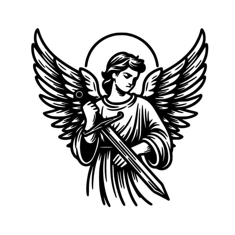 a realistic angel  whith a sword