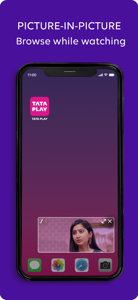 Tata Play - Live TV & DTH Pack - 스마트폰 화면, Tata Play 앱 재생 중인 동영상 PIP 모드 표시