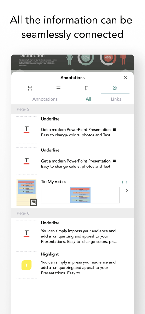 Interface of Flexcil for Education app displaying a list of underlines, highlights, and linked notes across different document pages