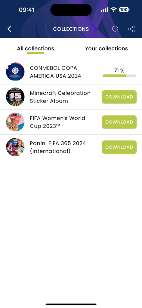 Panini Collectors - Panini Collectors app interface showing a list of sticker collections including Copa America and Minecraft with completion progress
